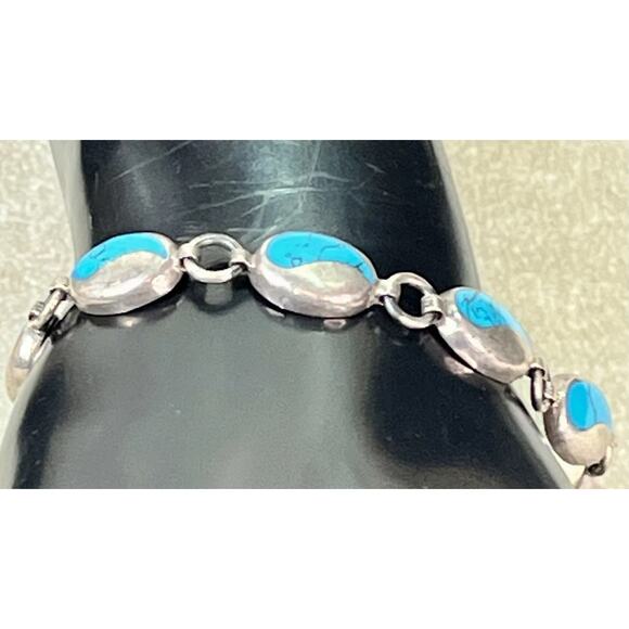 VTG Taxco Sterling Silver Turquoise Inlay Linked Oval Bracelet 7.75” Toggle - Picture 6 of 15